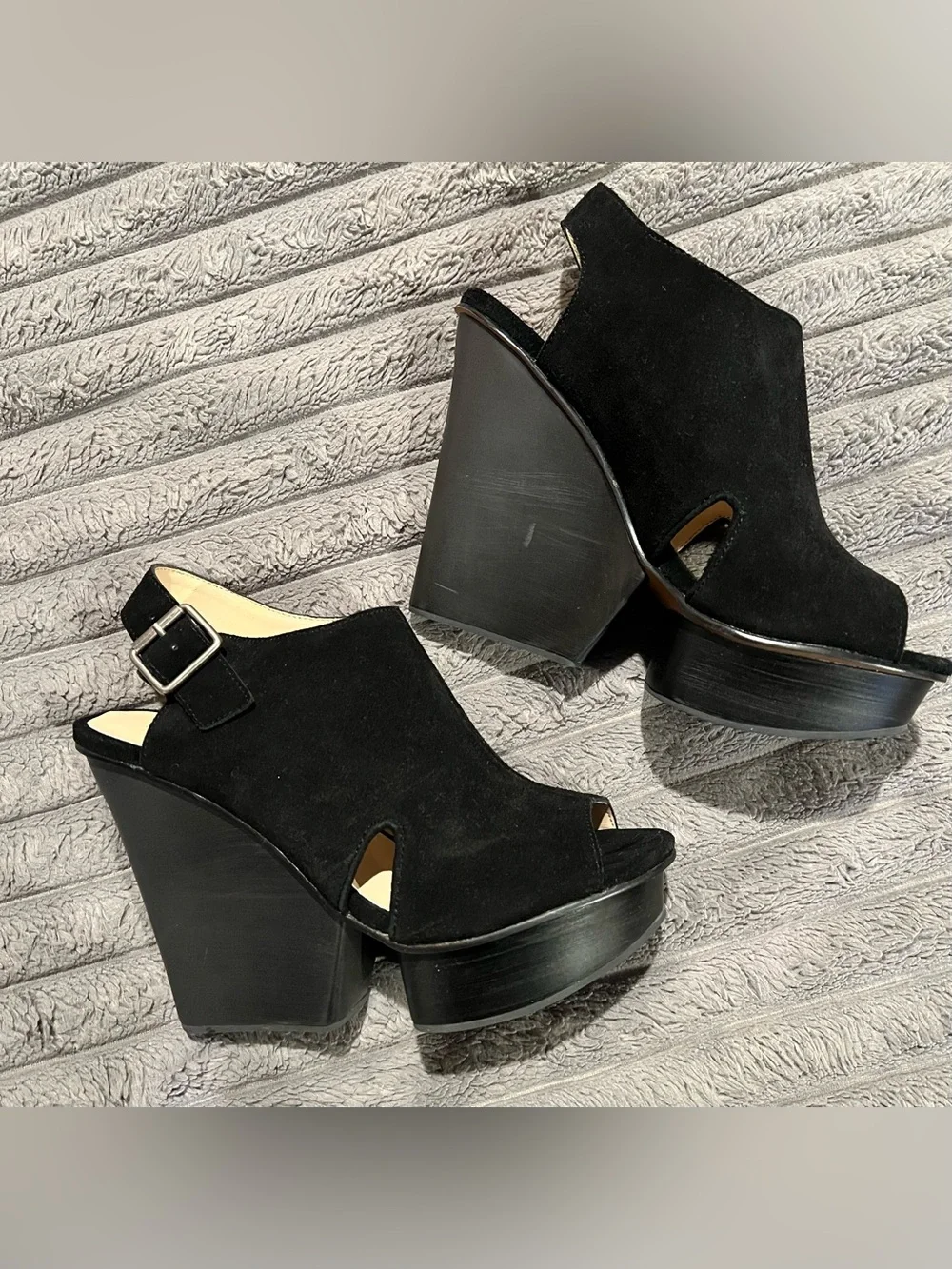 SHOEMINT ISABELA BLACK SUEDE PEEP TOE HEEL SLINGBACK PLATFORM WEDGE SHOES 9 NEW